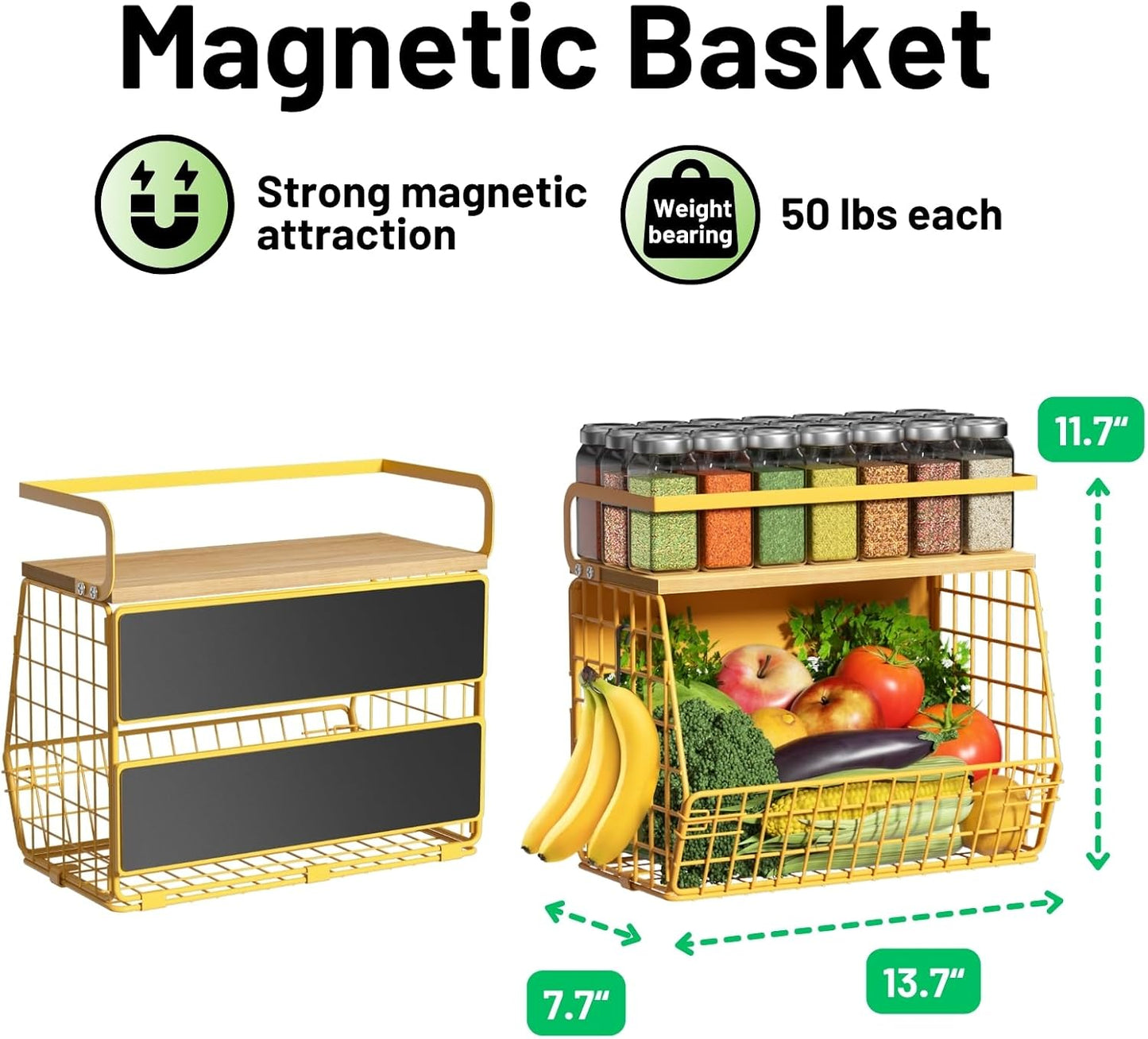 Magnetic Shelf for Fridge with Wood Lid, Fruit Potato and Onion Storage Bins, Pantry Organizers & Storage, Large Container Magnetic Spice Rack for Refrigerator, Kitchen Counter, Cabinet | Strong magnet holds 50lbs, ventilated bin for produce, versatile
