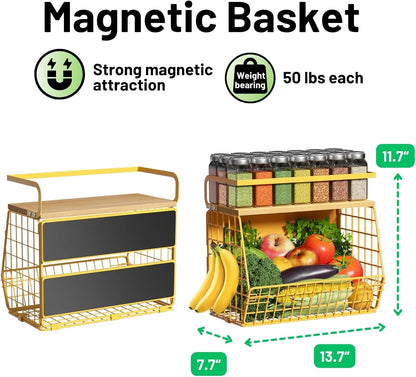 Magnetic Shelf for Fridge with Wood Lid, Fruit Potato and Onion Storage Bins, Pantry Organizers & Storage, Large Container Magnetic Spice Rack for Refrigerator, Kitchen Counter, Cabinet | Strong magnet holds 50lbs, ventilated bin for produce, versatile