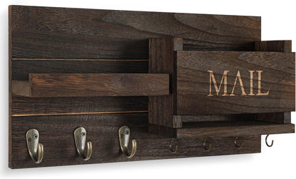Lwenki Mail Organizer for Wall Mount – Key Holder with Shelf Includes Letter Holder and Hooks for Hallway Farmhouse Decor – Rustic Wood with Flush Mounting Hardware (16.5” x 9.1” x 3.4”) (White)