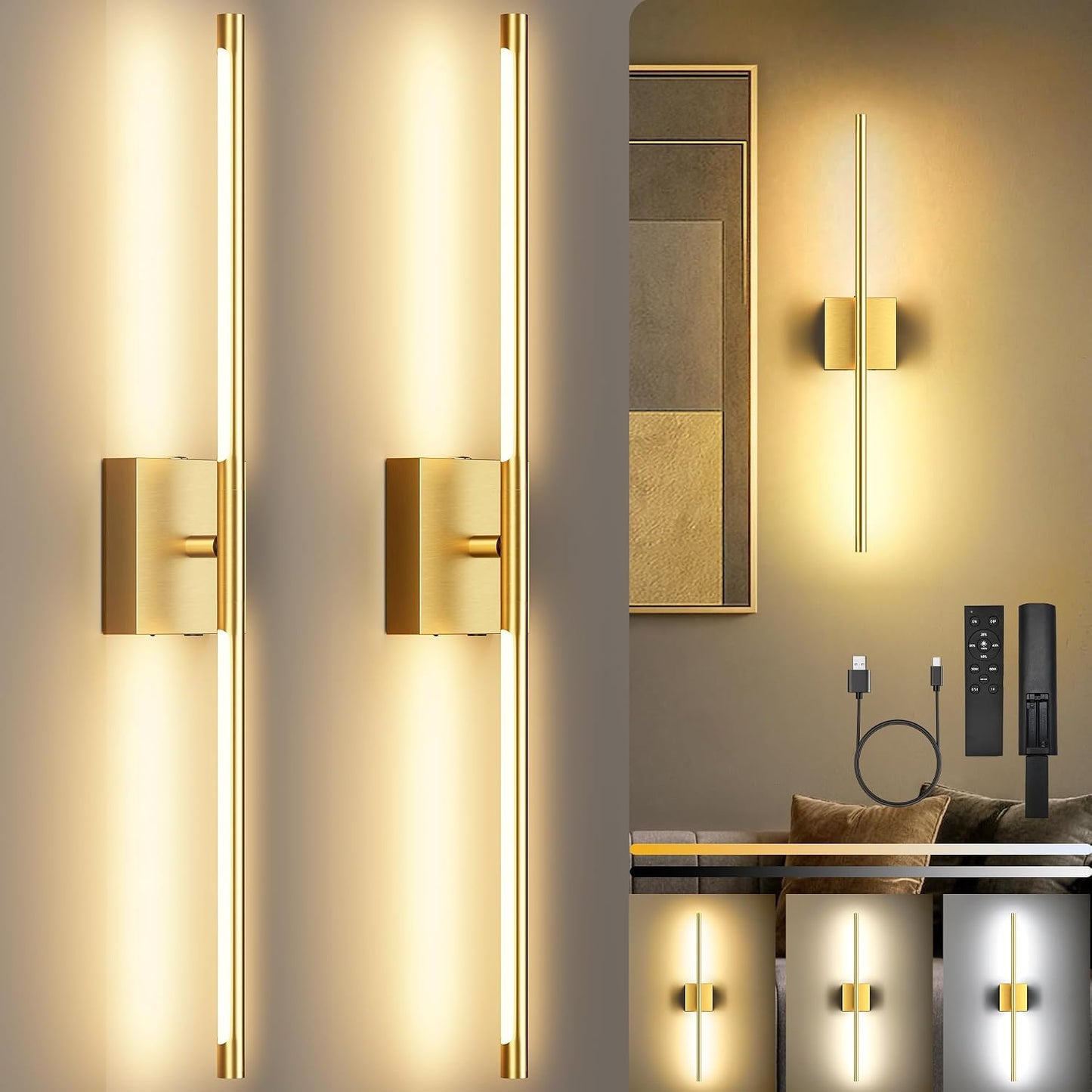 10000mAh Rechargeable Wall Lights, Black Gold, 29 Inch, 3CCT, 2 Pack | Battery Operated Wall Sconces Set of 2, Remote Control, 360° Rotate, Dimmable, LED Cordless Lamps for Bedroom, Living Room
