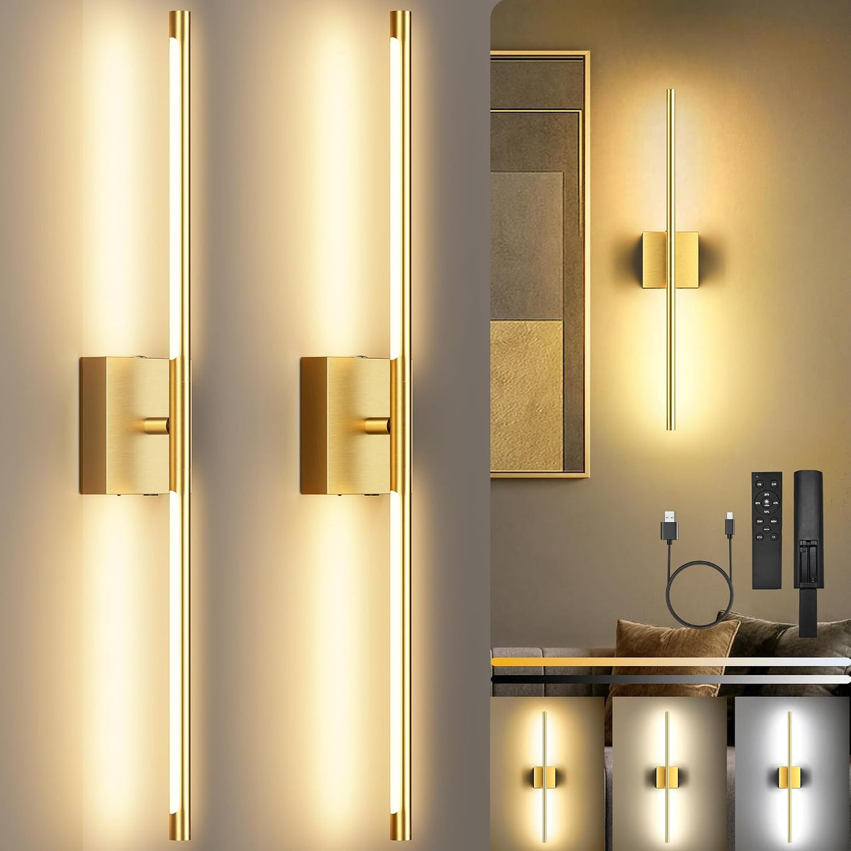 10000mAh Rechargeable Wall Lights, Black Gold, 29 Inch, 3CCT, 2 Pack