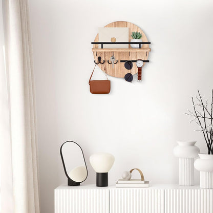Nekon Key Holder Wall Mount, 11.8” Wood Mail Organizer for Wall, Brown | Round Wall Shelf with 6 Key Hooks, Rustic Key and Mail Holder, Key Hanger for Entryway Hallway Kitchen