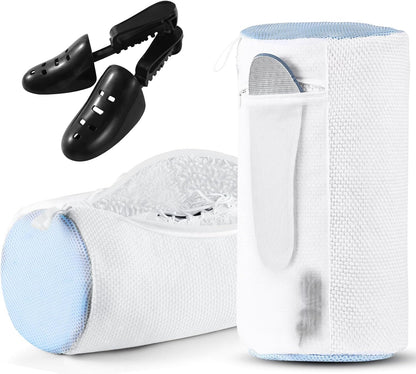 2 Pack XXL Shoe Washing Machine Bag, 700 GSM Heavy Duty Shoes Cleaning Bag with Anti-Tangle Mesh Pocket, 2 Adjustable Shoe Trees Keep Shape, Reusable Sneaker Laundry Bag for Frequent Wash, White