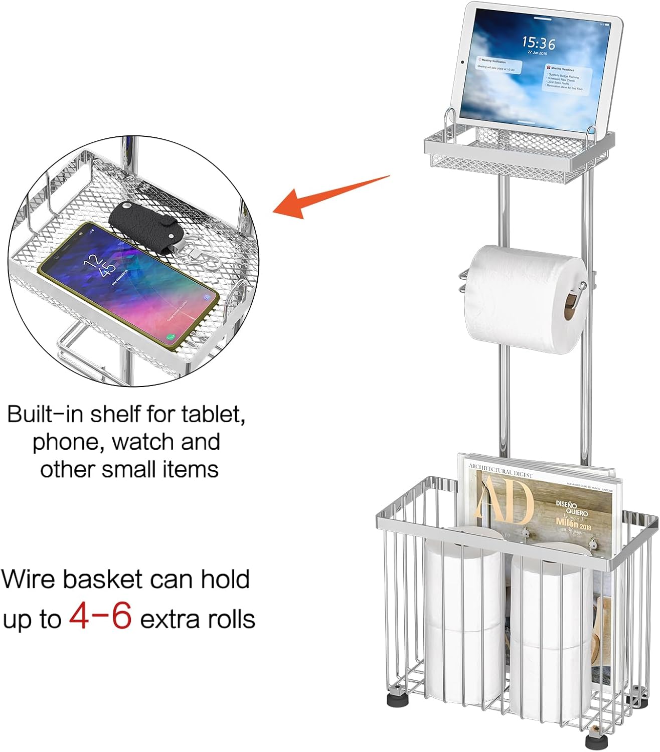 Freestanding Toilet Paper Holder Toilet Tissue Rack Scroll Stand Roll Dispenser with Storage Shelf Reserve for Phone Tablet Magazine Bathroom Organizer Bath Tissue Organizer (Silver)