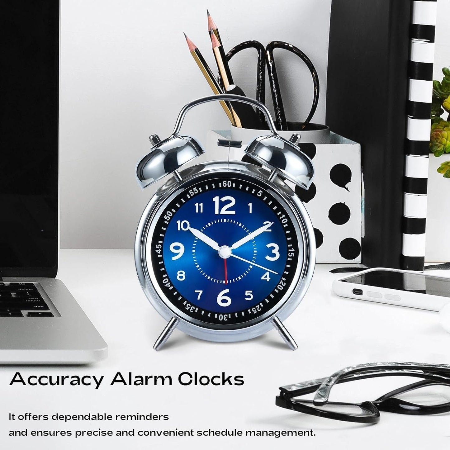 AKCISOT Loud Alarm Clock for Heavy Deep Sleepers, 4.5 Inches Analog Metal Twin Bell Clocks Battery Operated with Backlight for Bedroom Beside, Old Fashioned for Home Desk Decoration(Blue)