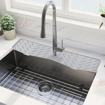 Silicone Faucet Mat for Kitchen Sink – Gen 2 Splash Guard with Upgraded Outlet & Slope – 18” x 5.1” Water Catcher & Sink Sponge Holder for Kitchen and Bathroom (Black)