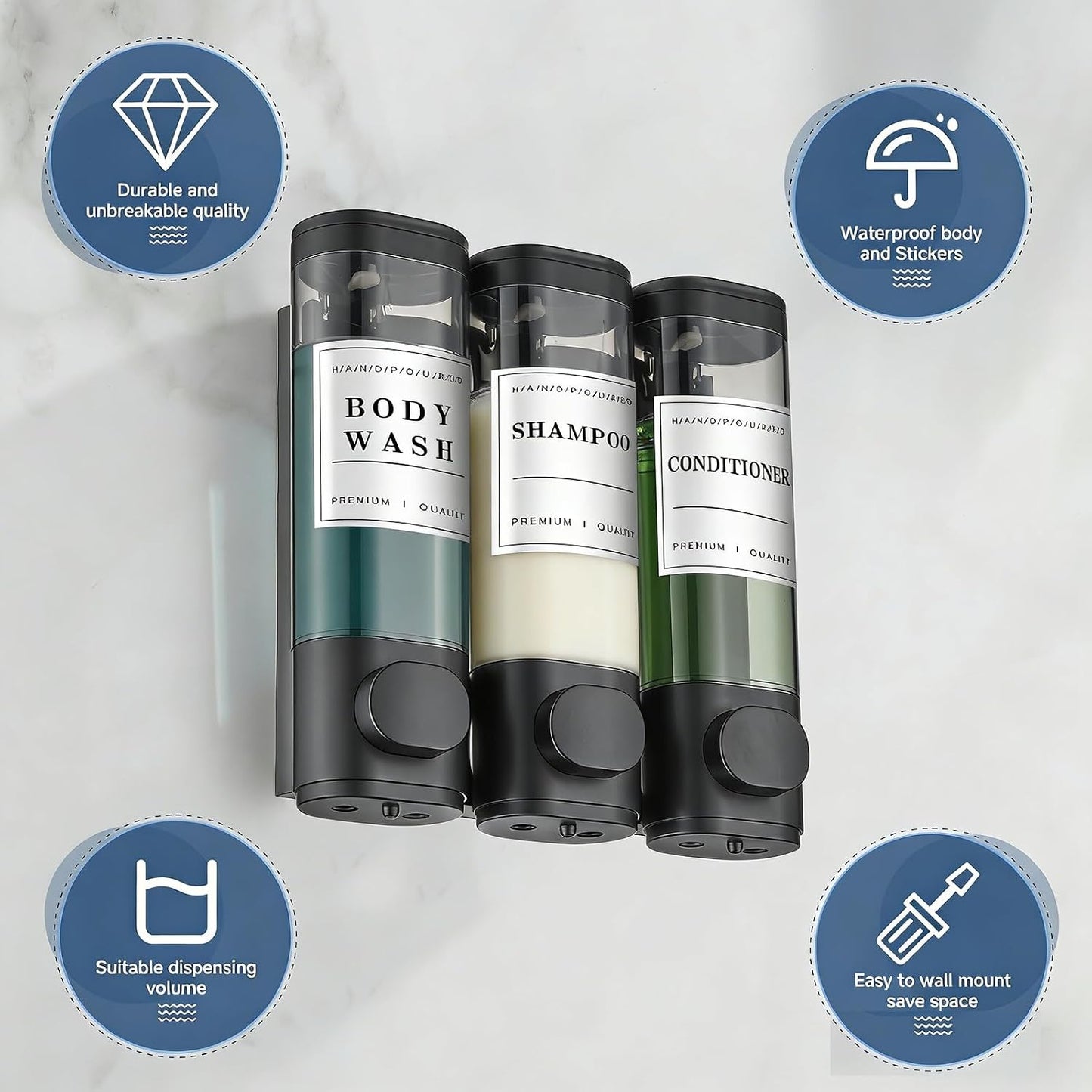 Shampoo and Conditioner Dispenser, Shower Soap Dispenser Wall Mounted, Shampoo Dispenser for Shower Wall No Drill, Bathroom Body Wash Dispenser 3 * 350ml Silver 3 Chamber