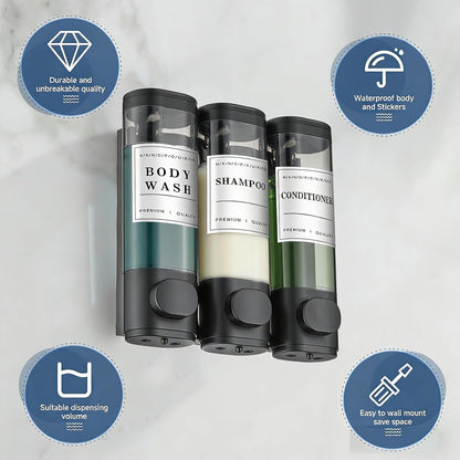 Shampoo and Conditioner Dispenser, Shower Soap Dispenser Wall Mounted, Shampoo Dispenser for Shower Wall No Drill, Bathroom Body Wash Dispenser 3 * 350ml Silver 3 Chamber