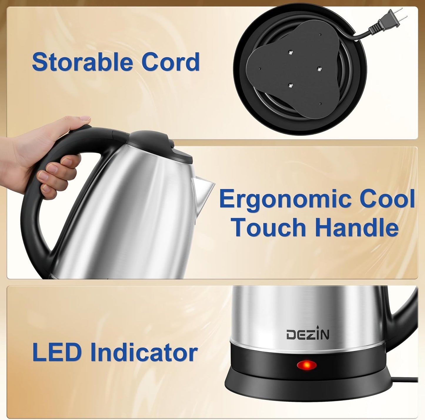 DEZIN 2L Electric Kettle, Fast Boil Electric Tea Kettle, 1000W Water Boiler | BPA-Free Electric Water Kettle Stainless Steel, Auto Shut-Off & Boil-Dry Protection, Ideal for Boiling Water, Coffee, Tea