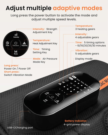 Cordless Calf Massager with Heat and Compression, Single Leg Sleeve | Rechargeable calf massager with air compression, heat, vibration, 5 intensities and multiple modes for Relax Gym