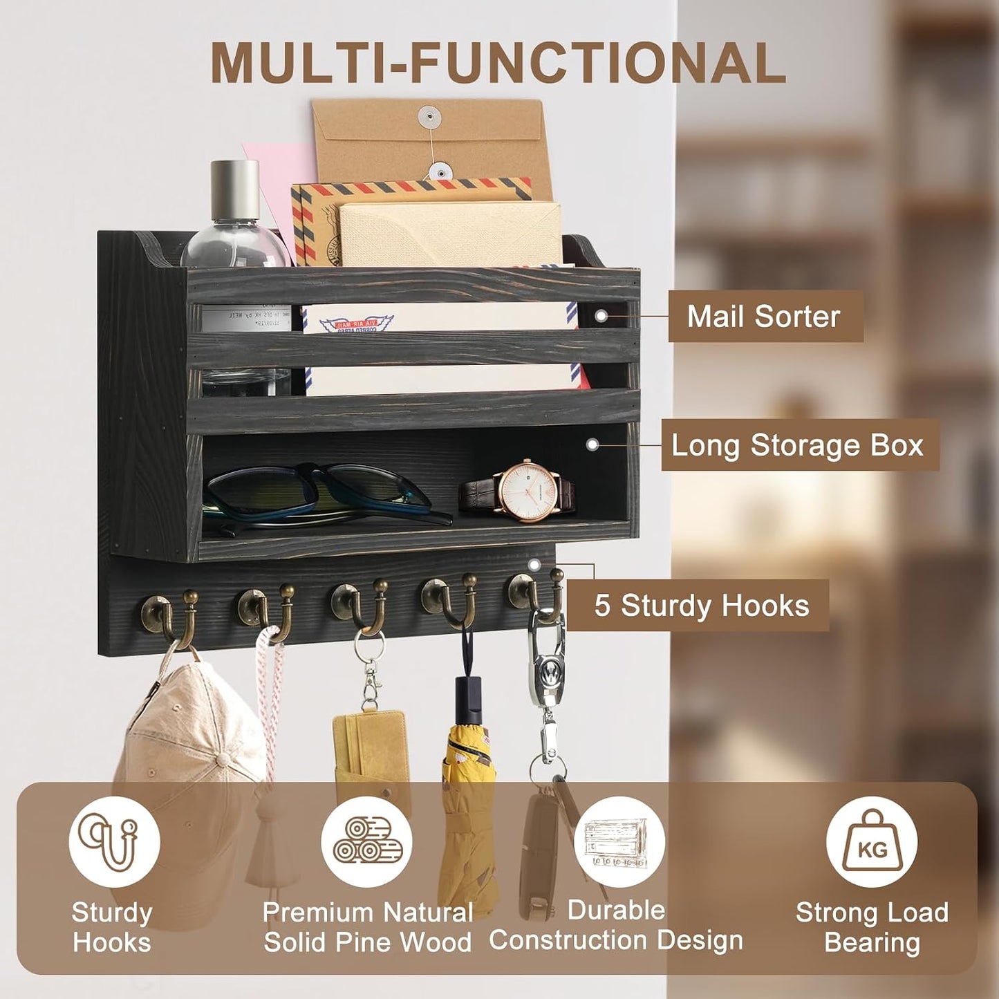 Key Holder Wall Mount with Mail Organizer, 5 Key Hooks, Brown | Wood Mail Organizer Wall Mounted with 5 Key Hooks & Storage Box and Mail Organizer for Entryway, Apartment, Home and Office