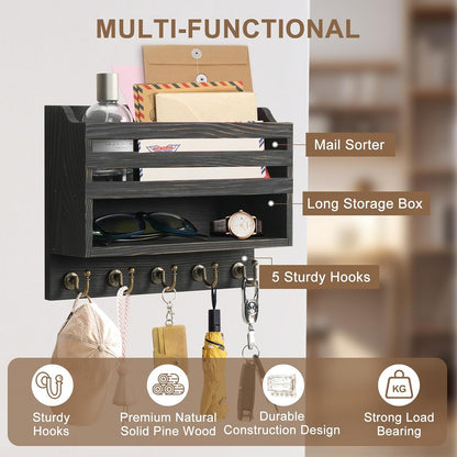 Key Holder Wall Mount with Mail Organizer, 5 Key Hooks, Brown | Wood Mail Organizer Wall Mounted with 5 Key Hooks & Storage Box and Mail Organizer for Entryway, Apartment, Home and Office