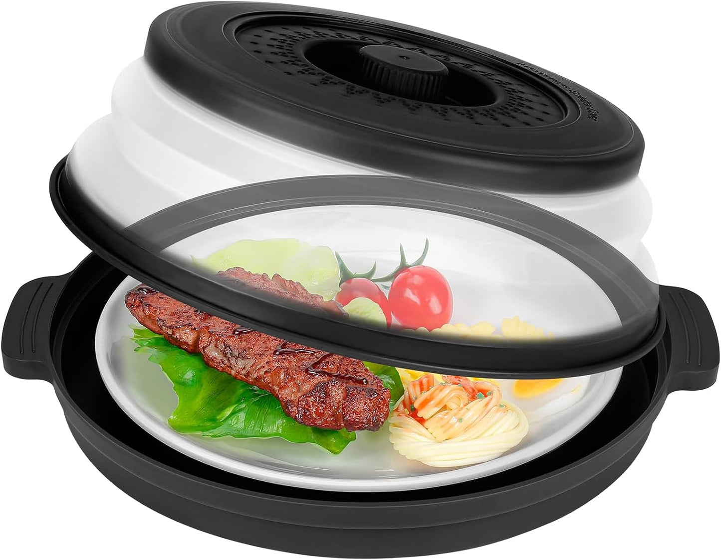 Microwave Splatter Cover for Food with Handle &Heat-Resistant Mat, 10.7" Collapsible Microwave Plate Cover - BPA Free, Dishwasher Safe Food Lid, Multi-Use Colander & Steamer for Meal Prep （Black）