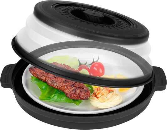 Microwave Splatter Cover for Food with Handle &Heat-Resistant Mat, 10.7" Collapsible Microwave Plate Cover - BPA Free, Dishwasher Safe Food Lid, Multi-Use Colander & Steamer for Meal Prep （Black）