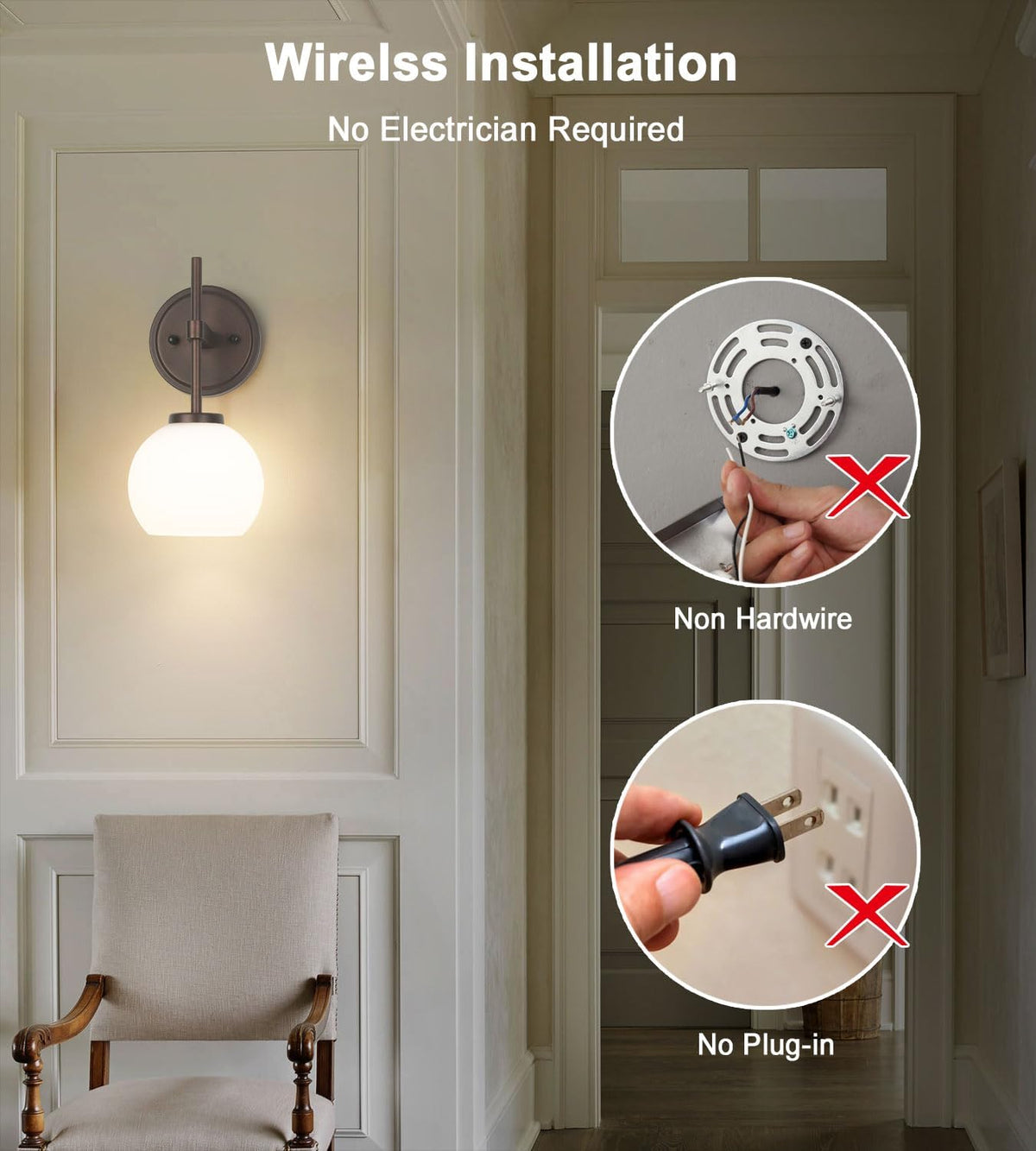 Wireless Wall Sconces with Remote Control, Battery Operated Wall Sconce Set of 2, Black & Gold Rechargeable Dimmable Wall Light for Bedroom Living room Bathroom Hallway Entryway Stairwell, 3000K