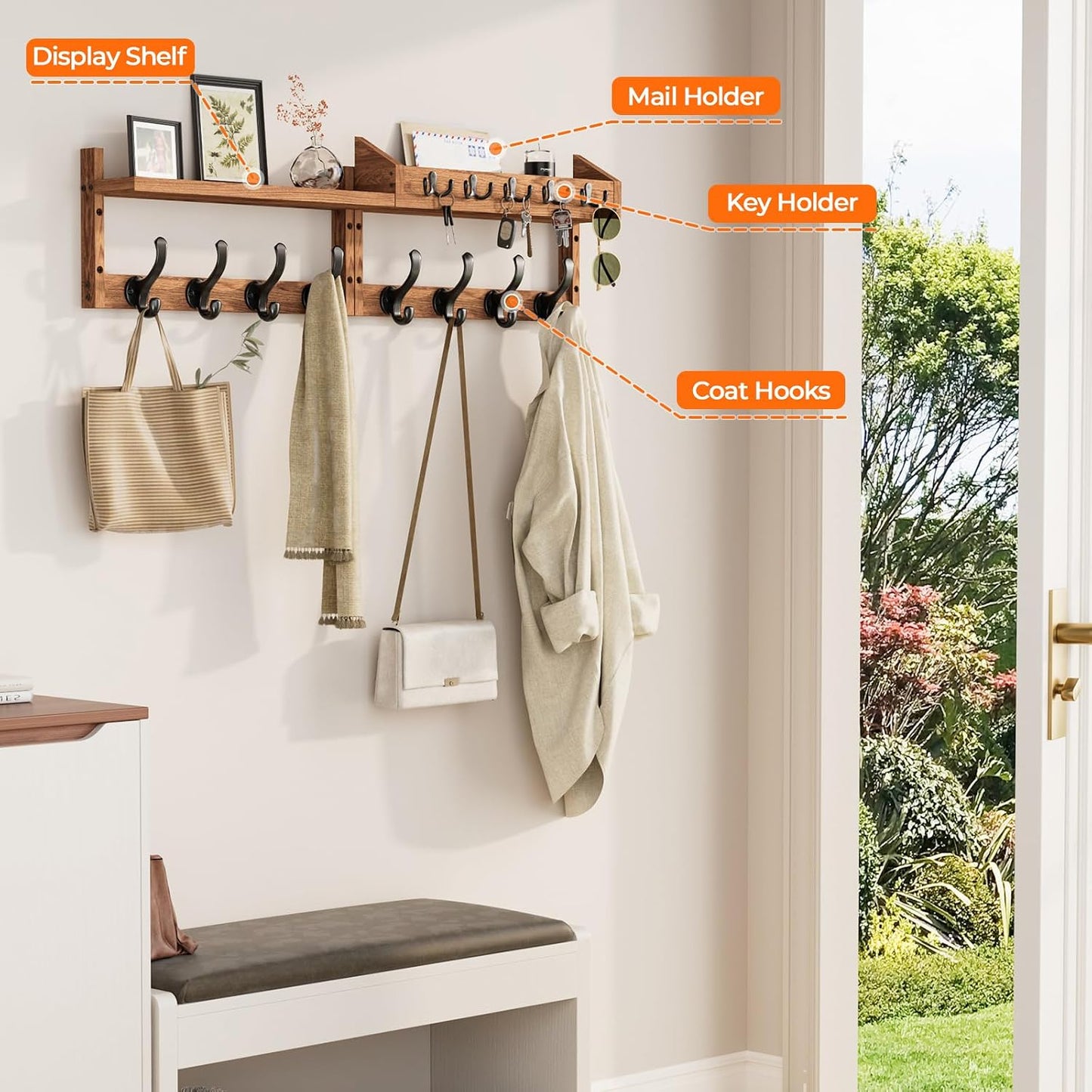 Evermagin 29" Coat Rack Wall Mount with Shelf & 11 Hooks, Entryway, Black | Wooden Wall Mounted Coat and Key Rack with Hooks, Key Hanger with Mail Holder for Living Room, Mudroom, Bedroom
