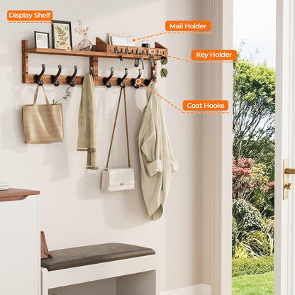 Evermagin 29" Coat Rack Wall Mount with Shelf & 11 Hooks, Entryway, Black | Wooden Wall Mounted Coat and Key Rack with Hooks, Key Hanger with Mail Holder for Living Room, Mudroom, Bedroom