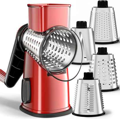 Weltonhm 4 in 1 Large Rotary Cheese Grater Hand Crank (black, 3 Graters) | Cheese Shredder Rotary and Slicer with 4 Stainless Steel Blades for Vegetables, Veggie and Cheese, Stronger Suction Base