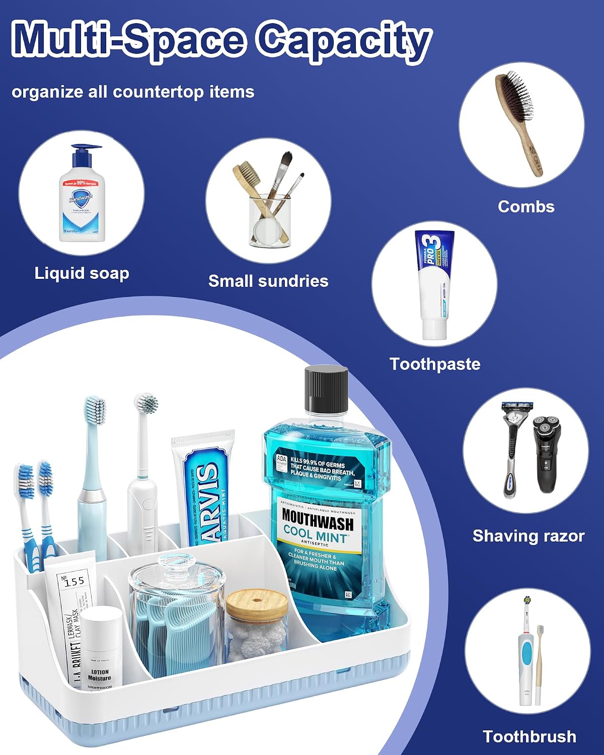 Bathroom Counter Organizer and Storage, 7 Slots Detachable Toothbrush Holders for Bathrooms, Anti-Slip Electric Toothbrush and Toothpaste Holder Countertop Vanity Organizer Accessories for Adults Kids