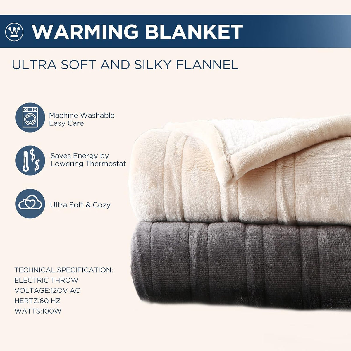 Westinghouse Heated Throw Blanket, 50"x60", Charcoal, ETL Certified