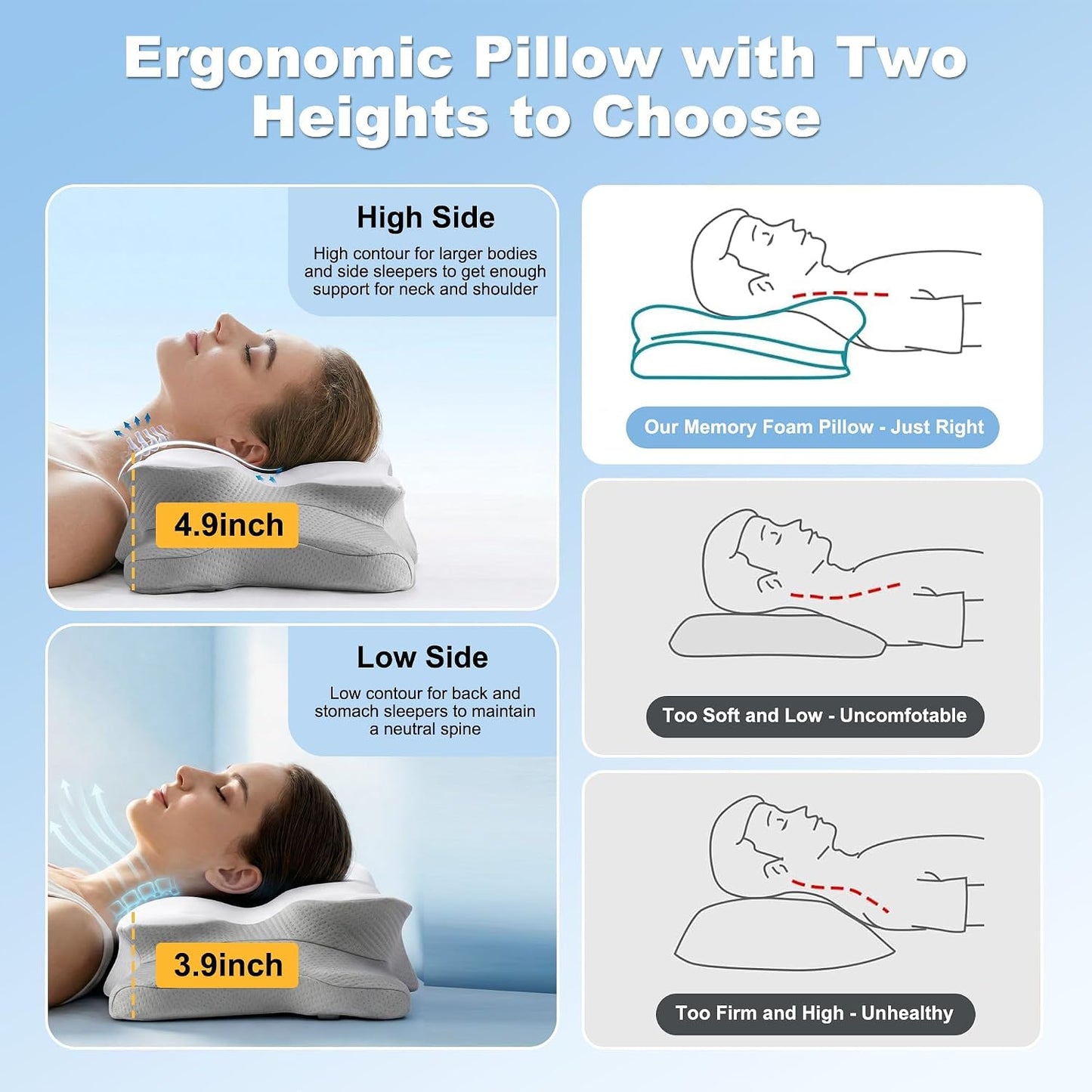 VYLEE Cervical Neck Pillow for Pain Relief, Ergonomic Memory Foam Pillow for Neck Support, Cooling Contour Orthopedic Pillow for Side, Back & Stomach Sleepers | Ergonomic contour pillow supports proper neck alignment for side, back & stomach sleepers