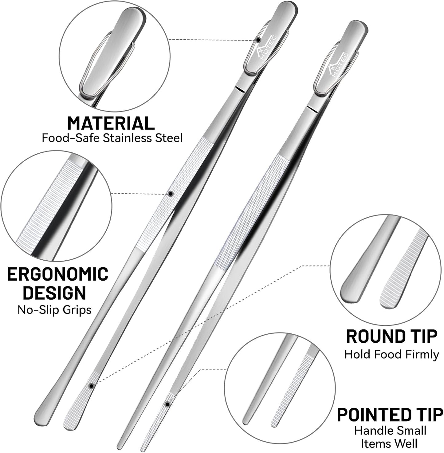 HOTEC Kitchen Tweezers Tongs Stainless Steel, Set of 6 - Professional Cooking Tweezers for Cooking, Chefs, BBQ, Seafood, Baking & Repair