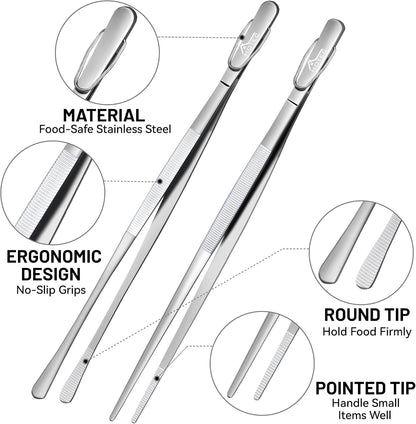 HOTEC Kitchen Tweezers Tongs Stainless Steel, Set of 6 - Professional Cooking Tweezers for Cooking, Chefs, BBQ, Seafood, Baking & Repair