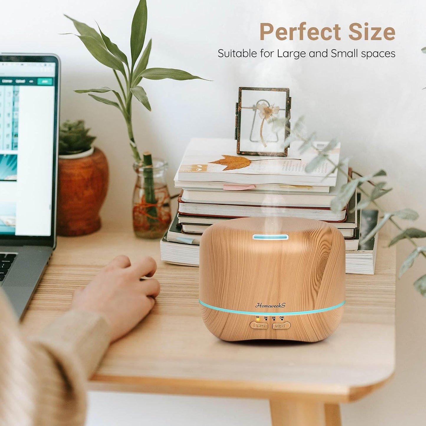 Homeweeks 300ml Essential Oil Diffuser, Quiet Aromatherapy Mist Diffusers for Essential Oils, Wood Grain, Ultrasonic, Remote Control, Timer, 7 Colors Light for Bedroom (300ml)
