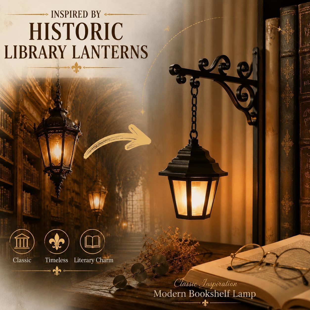 Library Lantern-Decorative Bookshelf Lighting, Mini Bookshelf Lamp Slides Between Books, Warm Amber LED Bookshelf Lights for Book Nook, Shelf Decor Gift for Book Lovers(Classic Lantern)