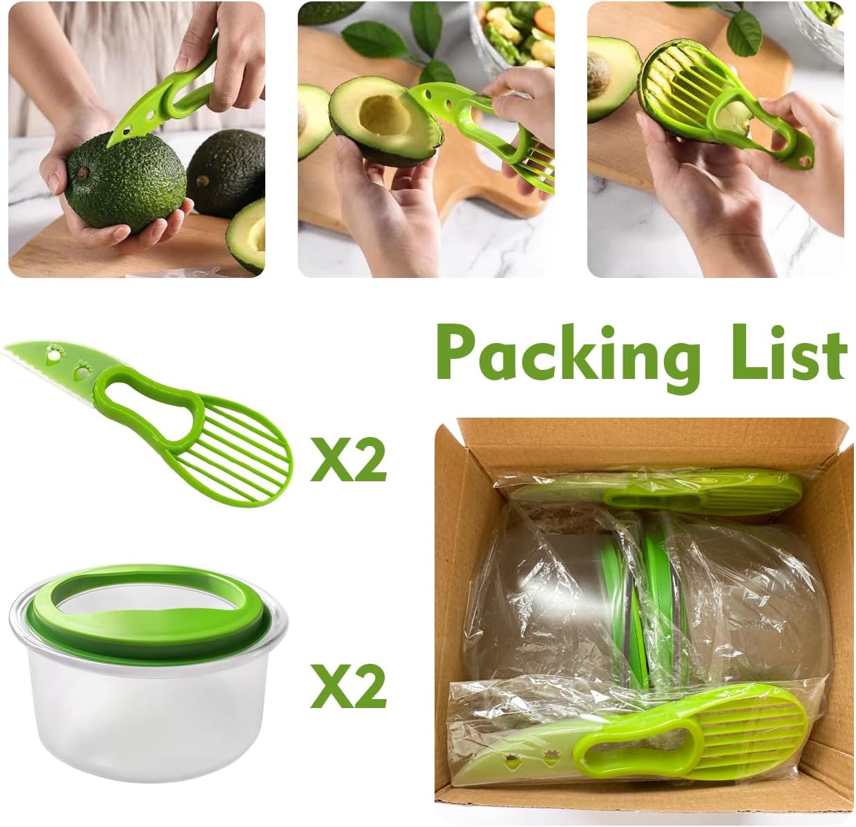 2 Pack Guacamole Keeper, With Green Airtight Lid And Avacado Multi-Functional Cutting Tool, Avocado Container, For Guacamole, Fruit, Salad Storage