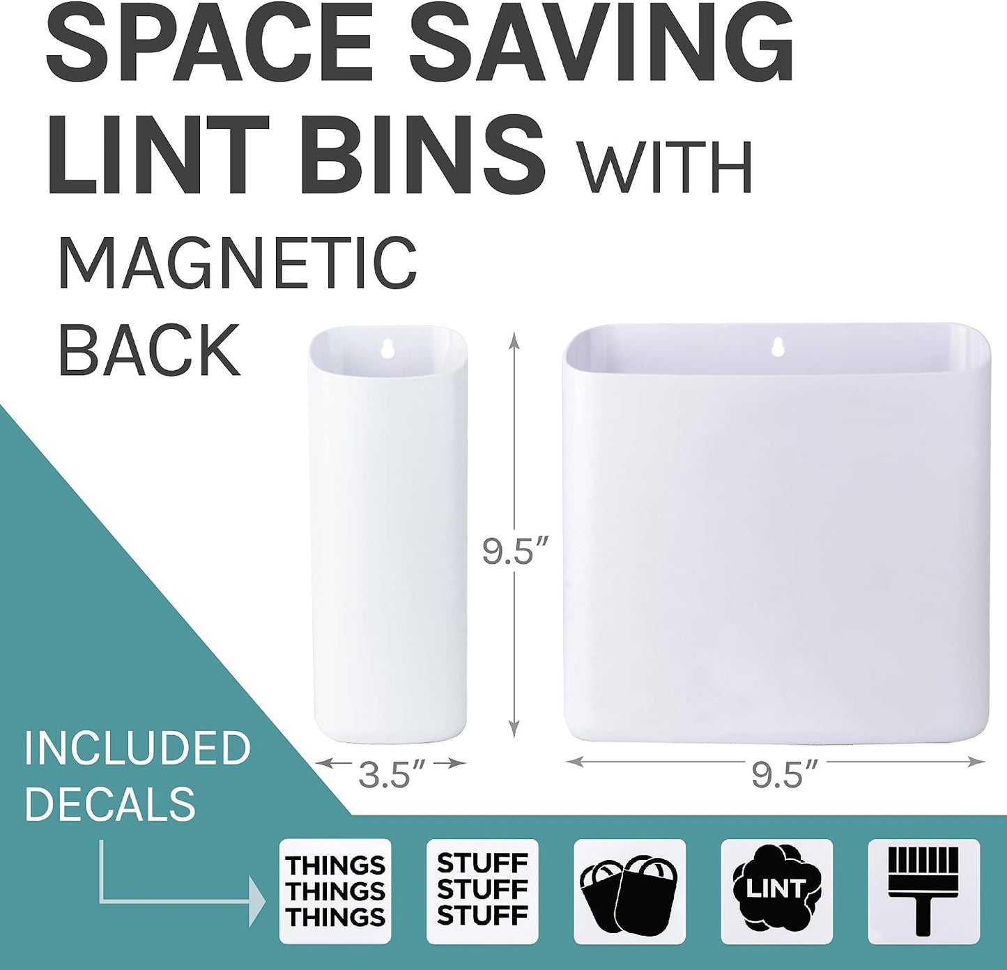 JS Jackson Supplies Small White Lint Bin with Magnetic Back, Slim Profile Trash Bin for Laundry Room and Kitchen, Wall Mountable