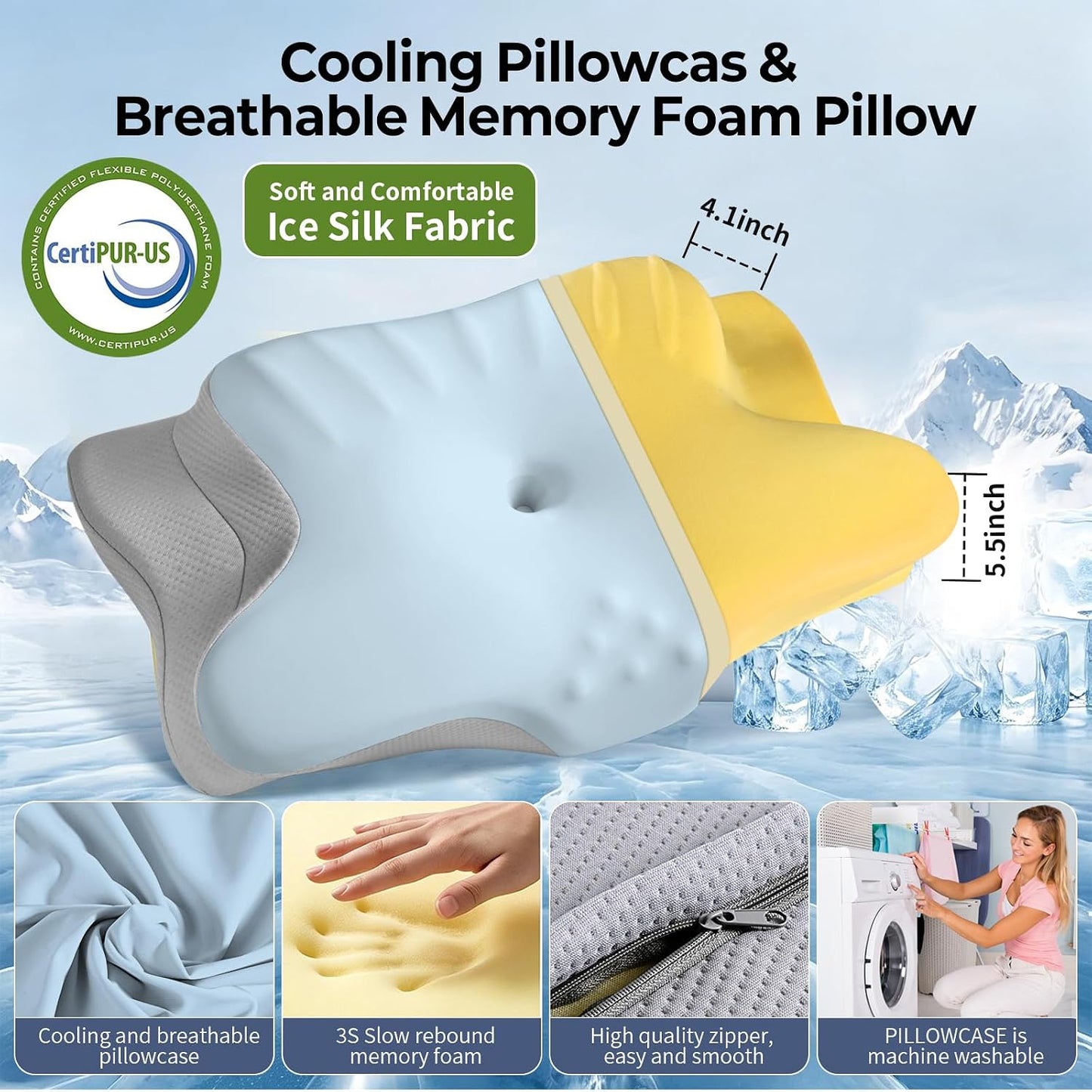 Ylekto Cervical Neck Pillow for Pain Relief - Contour Memory Foam Pillows | Ergonomic Pillow for Sleeping, Side Sleeper Pillow for Neck Support, Bed Pillow for Side Back Stomach Sleepers (Blue & Grey)
