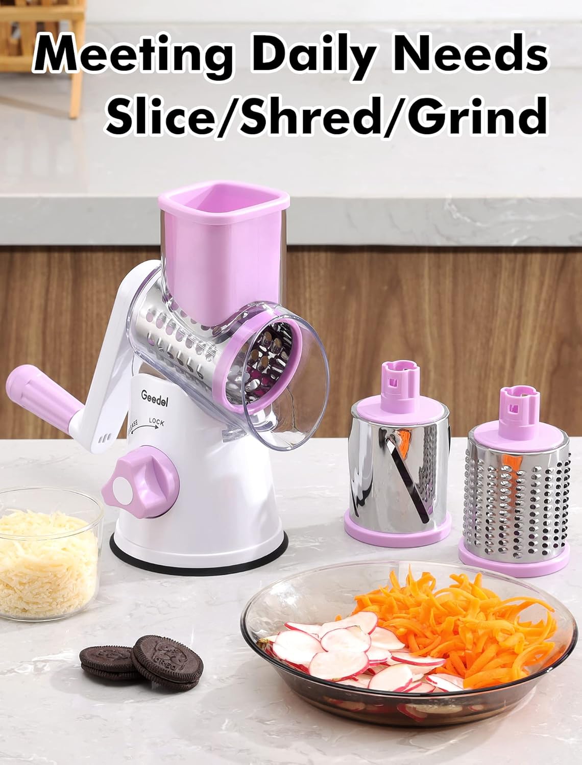 Geedel Rotary Cheese Grater, Kitchen Mandoline Vegetable Slicer with 3 Interchangeable Blades, Easy to Clean Rotary Grater Slicer for Fruit, Vegetables, Nuts | 3 Blades, 430 Stainless Steel, 12x Fast Cutting, Strong Suction Base, No BPA, Dishwasher Safe,