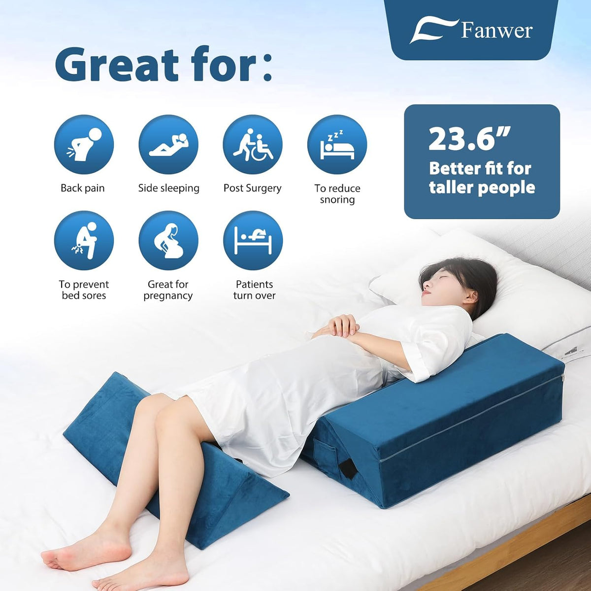 Fanwer Positioning Wedge Pillow for Side Sleeping (3 in 1), 40 Degree Triangle Bed Wedges & Body Positioners for Back Pain, Preventing Bedsores, After Surgery, Knees Elevated, Pregnancy