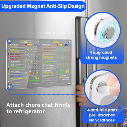 PigPotParty 2-in-1 Acrylic Magnetic Chore Chart for 2 Kids, Large 16x12 in | Clear Dry Erase Fridge Chore Board for Teens, Roommates; Vibrant Layout; Embedded Magnets; 12 Wet-Erase Markers and Towel