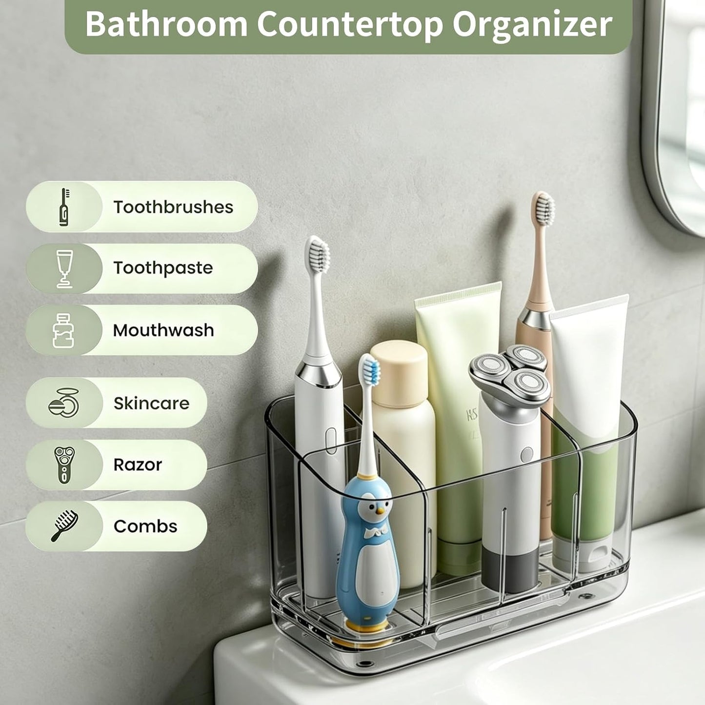 2-Slot Electric Toothbrush Holder Wall & Counter, No-Drill | Self-adhesive waterproof, Drainage holes, Keeps dry, Fits counter/wall, For bathroom vanity,, Small Size