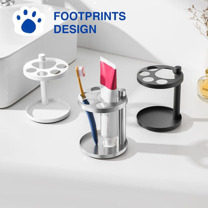 Metal Toothbrush Holder Stand for Bathroom: Stainless Steel Ventilated Organizer with Slots for Electric Toothbrushes, Toothpaste, Razors & Small Comb, Unique Footprint Base Design, Black