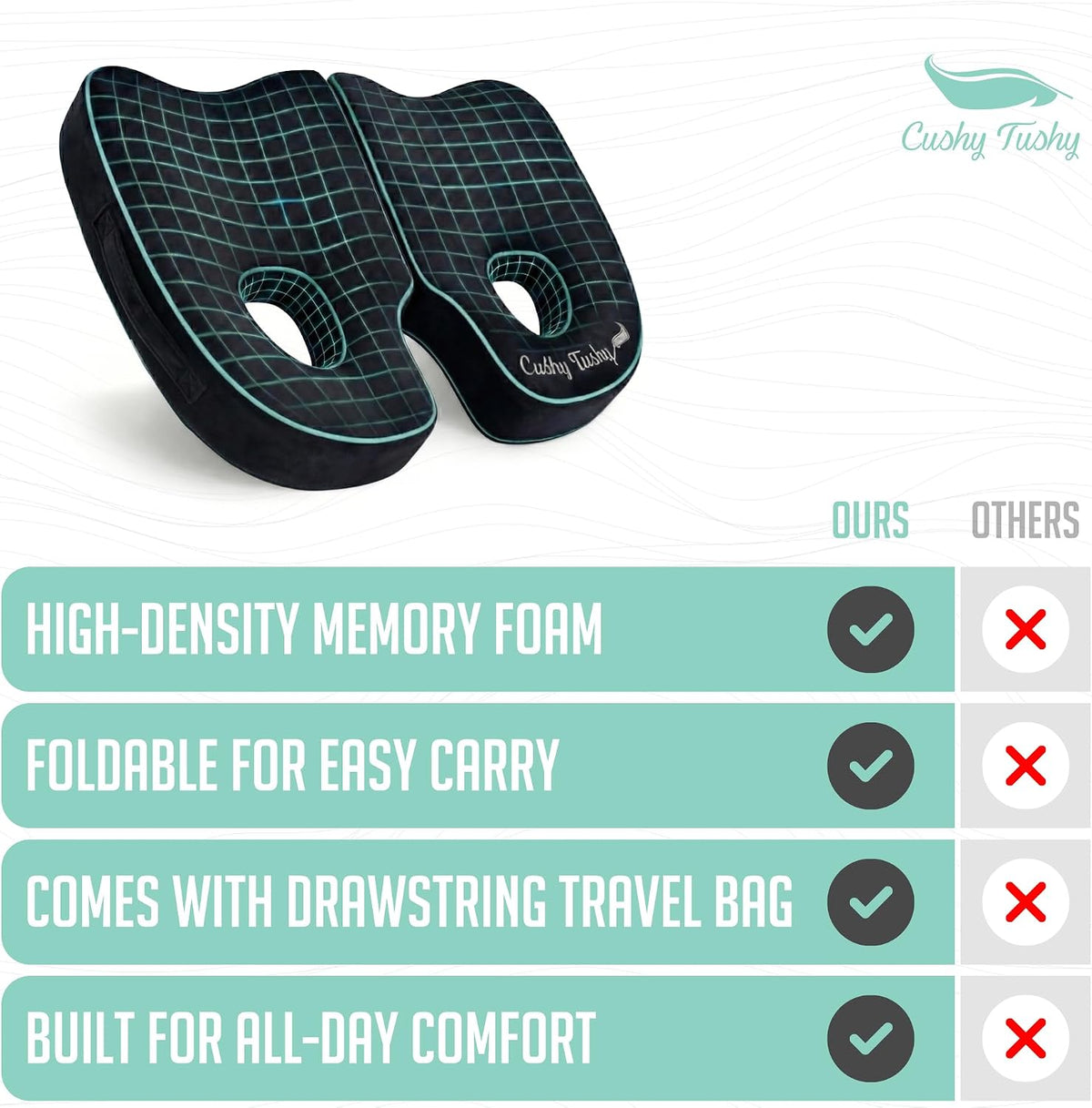 Cushy Tushy Premium Foldable Travel Seat Cushion - for Relief of Lower Back, Sciatic, Butt and Tailbone Pain - for Home & Office Use, Perfect for Travel or Driving - Coccyx Seat Cushion