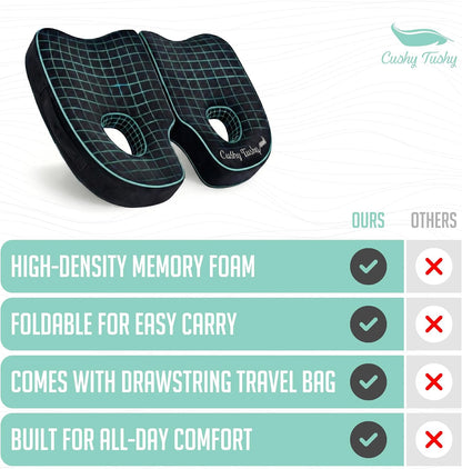 Cushy Tushy Premium Foldable Travel Seat Cushion - for Relief of Lower Back, Sciatic, Butt and Tailbone Pain - for Home & Office Use, Perfect for Travel or Driving - Coccyx Seat Cushion