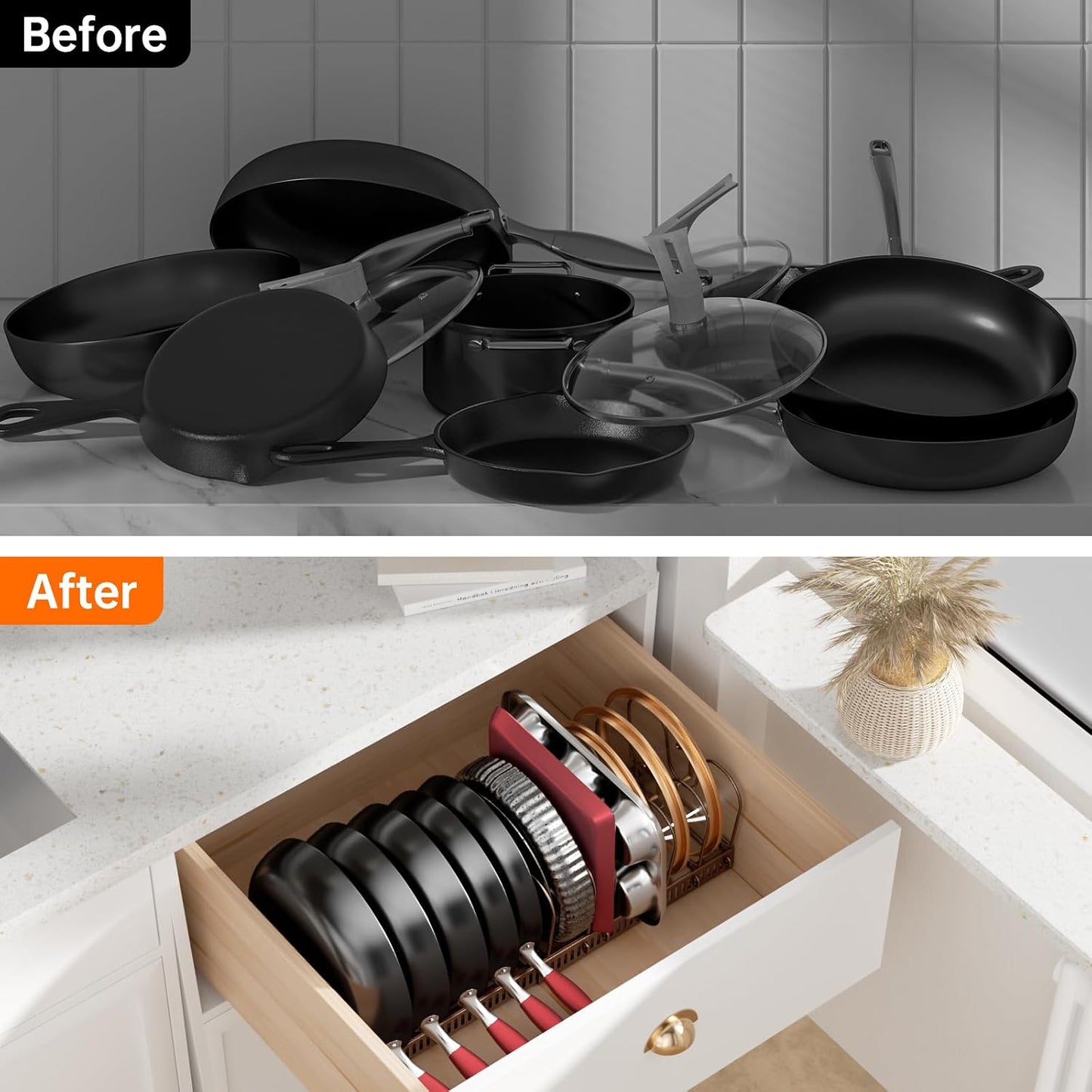 MUDEELA Expandable Pot Pan Lid Organizers inside Cabinet, 10 Divider-Black | Expandable 11.8–22.9", 10 Adjustable Divider, Tool-Free Assembly, Non-Slip, Scratch-Proof, For Pan Lid Cutting Board Bakeware