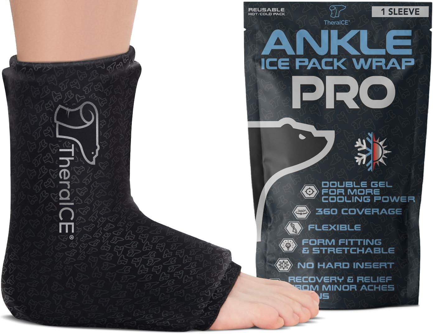 TheraICE Ankle Ice Pack Wrap, Achilles Tendonitis Brace, Plantar Fasciitis | Cold Therapy Compression Sleeve, Sock-Style Slip-On Fit for Women and Men, Eases Sprains, Swelling, Sore Feet and Heel