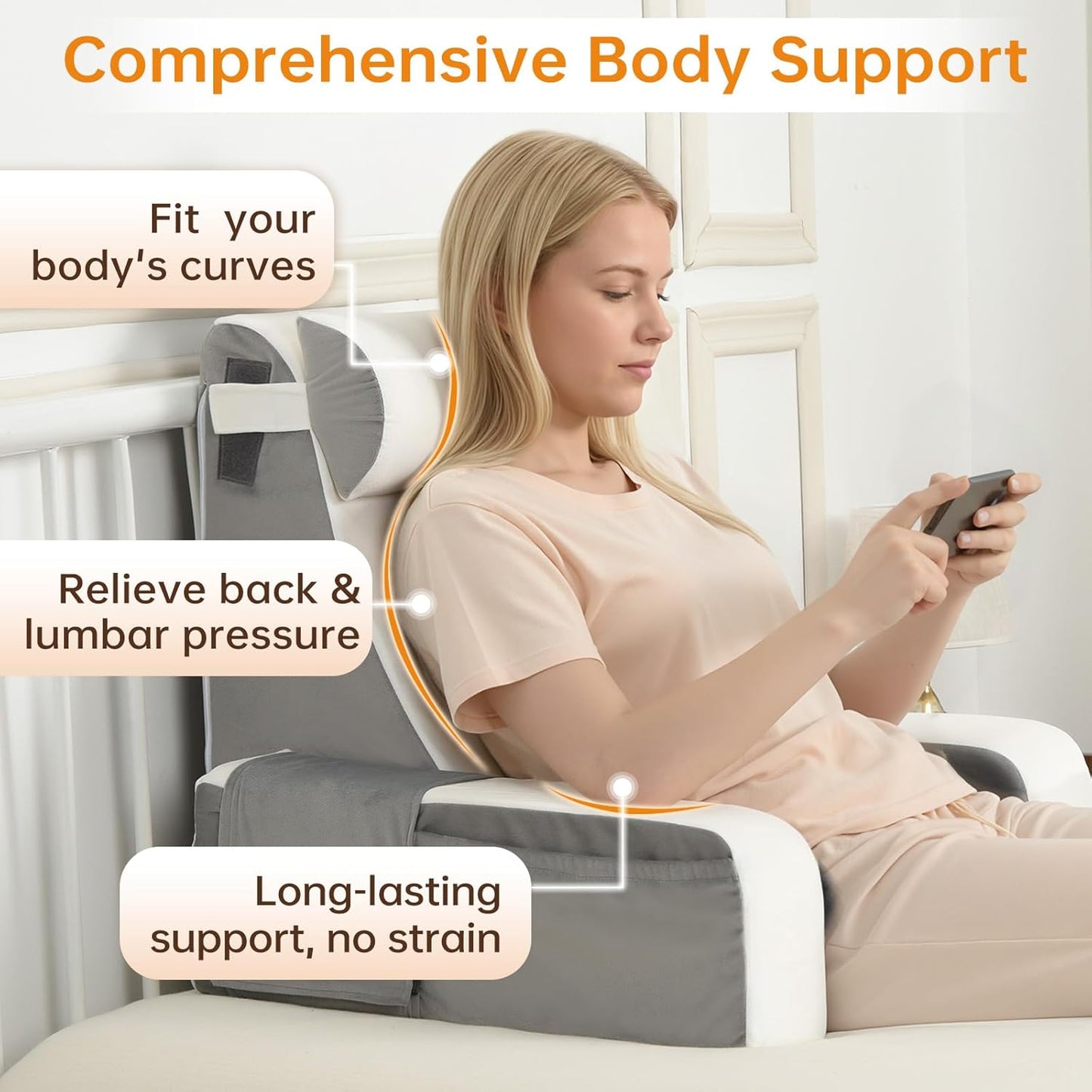 Vekkia 21" Reading Pillow for Bed with Adjustable Arms and XL Side Pockets | 60° Wedge Back Support, Washable Cover, Support Chair for TV, Gaming, Working, Nursing, Recovery in Bed & Floor, Black/Gray