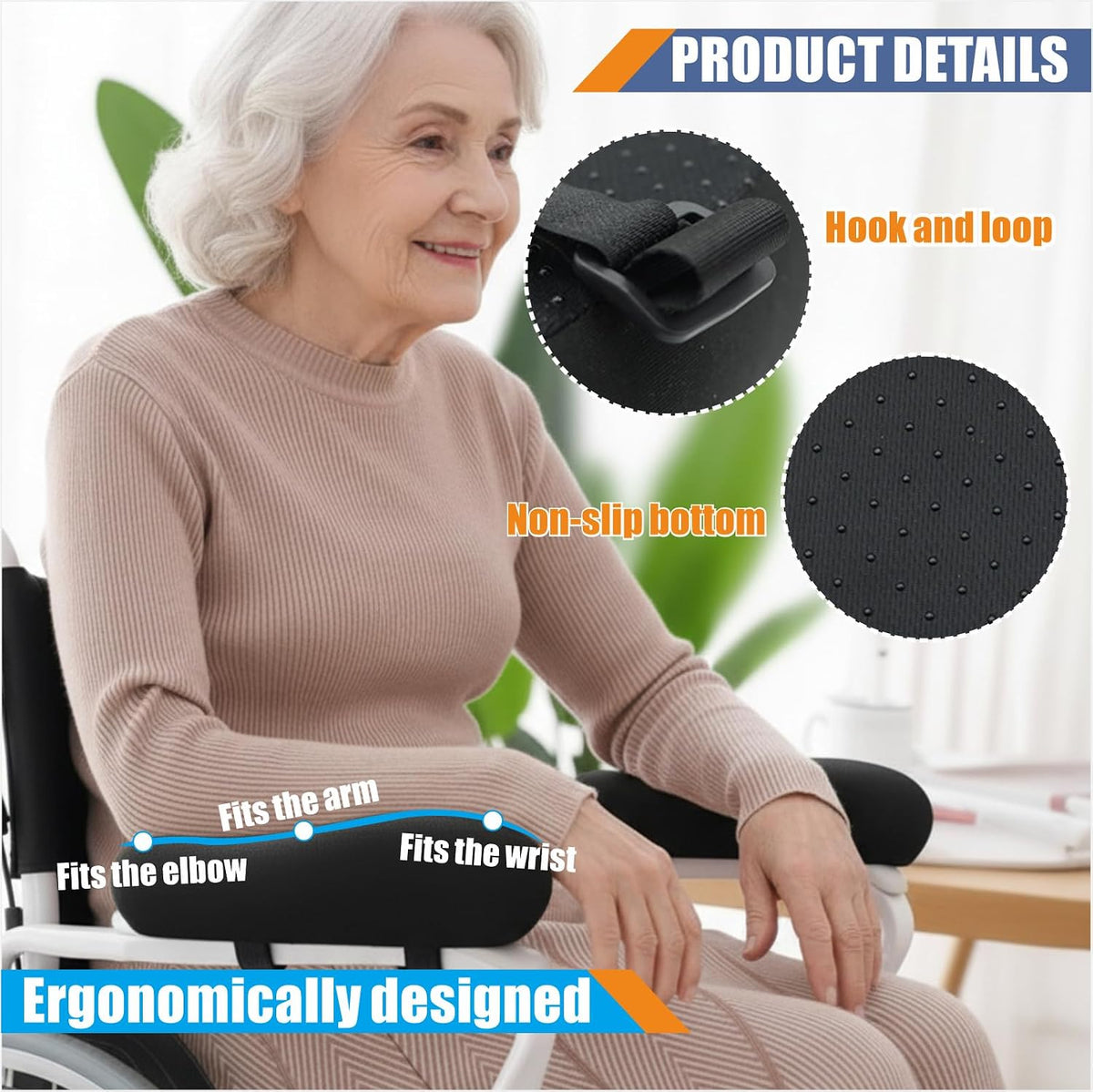 EDWERD Elderly Wheelchair Armrest Pad - Mobility Scooter Elbow Pillow Tray Soft Cushion Memory Foam Arm Stabilizer Accessories, 1PCS
