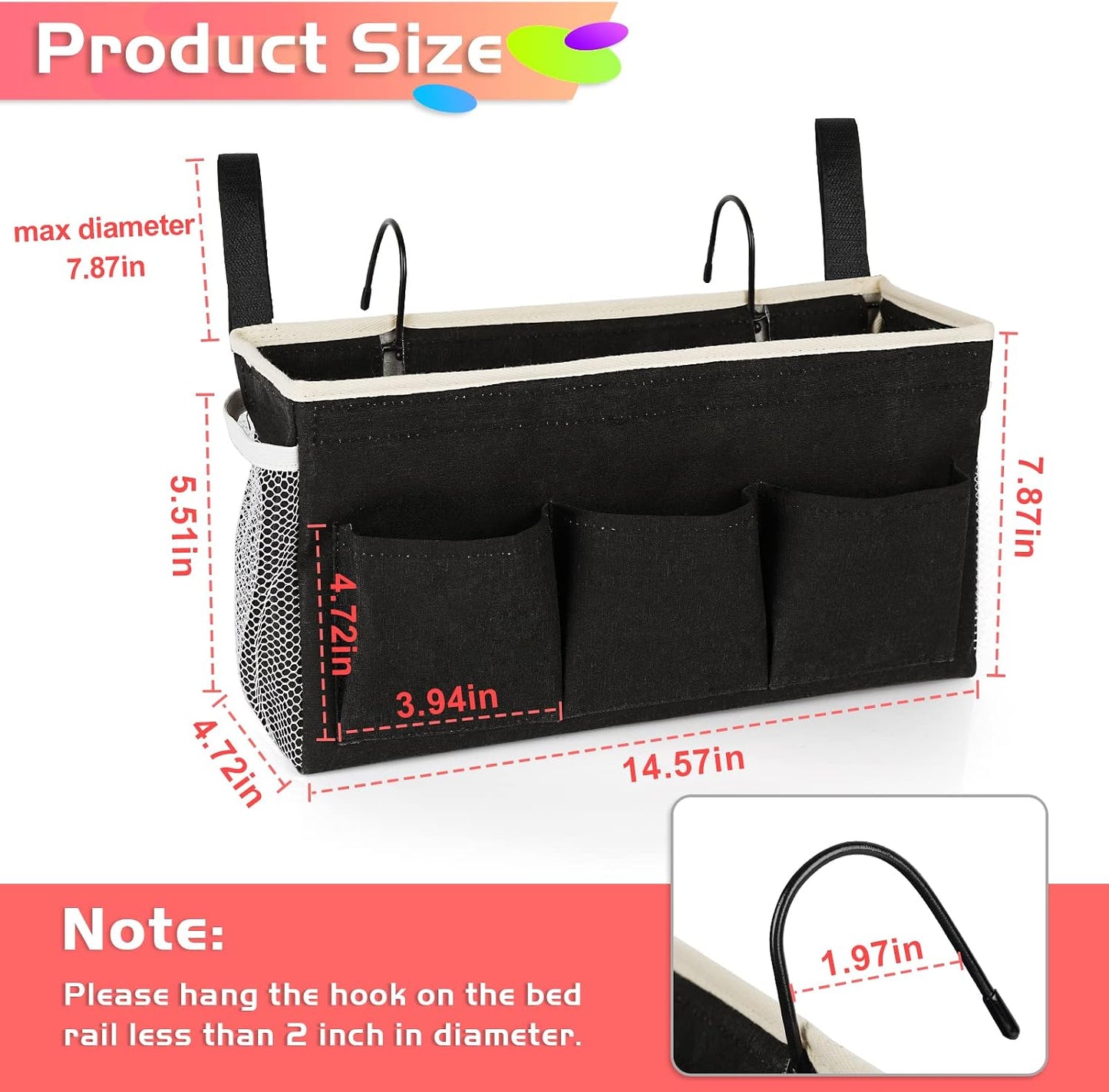 Bedside Caddy, Bedside Storage Bag Hanging Organizer for Bunk Dorm Bed Rail | Bed Caddy with Hooks, Top Bunks and Dorm Essentials for Water, Tissues, Tablets, Books, Phones, Remotes and Other Necessories
