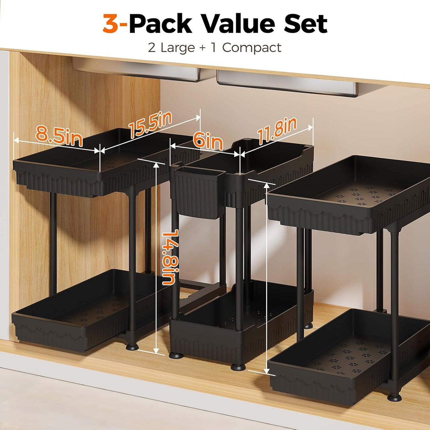 3-Pack 2-Tier Under Sink Organizers with Sliding Drawers | Multi-use kitchen & bathroom storage, 12.8 inch black cabinet organizer, space-saving sliding drawer design.