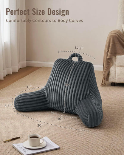 Blissful Diary Reading Pillow, Backrest Pillow with Shredded Memory Foam for Adult & Children, Designed for Bed and Couch Sitting Up, Includes Arms, Pockets and Washable Cover, Off White