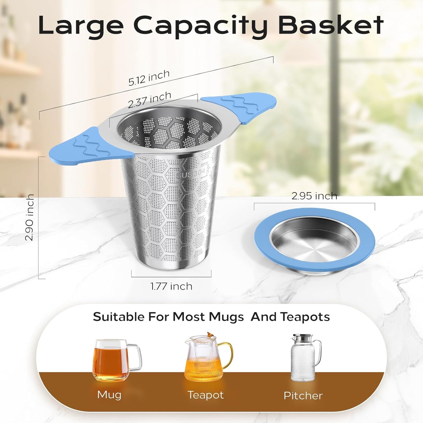 Tea Infuser for Loose Leaf Tea,Stainless Steel Tea Infuser with Heat Proof Silicone Handles,Extra Fine Mesh Tea Strainers Filter Fine Tea Leaves Effectively,Fits TeaPots/Mugs