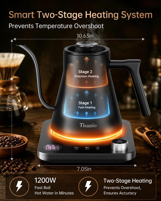 Gooseneck Electric Kettle with Temperature Control, 0.9L, Black Wood | ±1°F Precision Pour Over Kettle, LCD Dual Display, Smart Two-Stage Heating, 2H Keep Warm, 304 Stainless Steel Interior