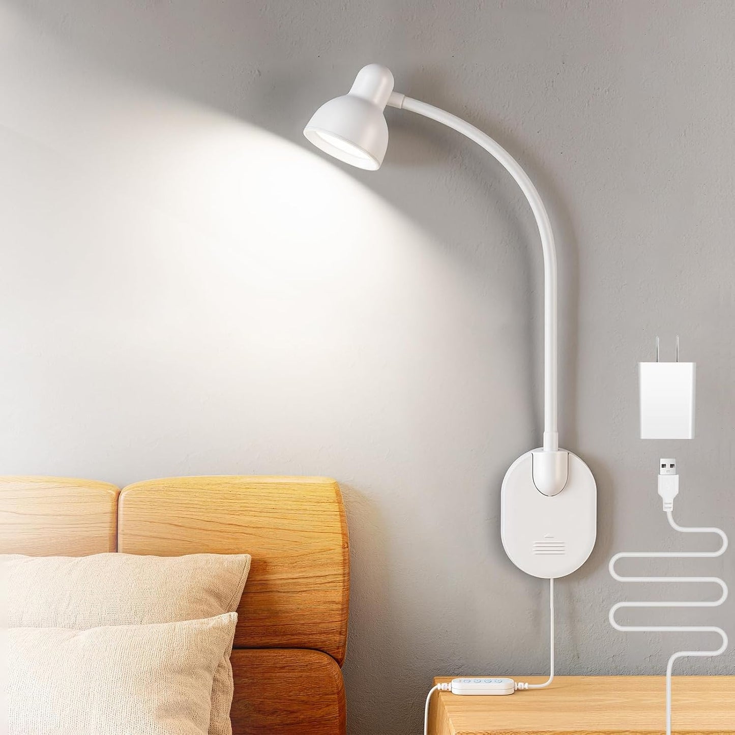 Wall Mounted Reading Light, LED Wall Bedside Lamp with Adapter, 5 Color & 10 Brightness, Plug-in Adhesive Wall Reading Lights for Books in Bed, Auto-Off Timer Wall Lights for Bedroom Headboard Black