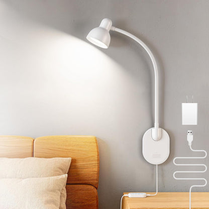 Wall Mounted Reading Light, LED Wall Bedside Lamp with Adapter, 5 Color & 10 Brightness, Plug-in Adhesive Wall Reading Lights for Books in Bed, Auto-Off Timer Wall Lights for Bedroom Headboard Black